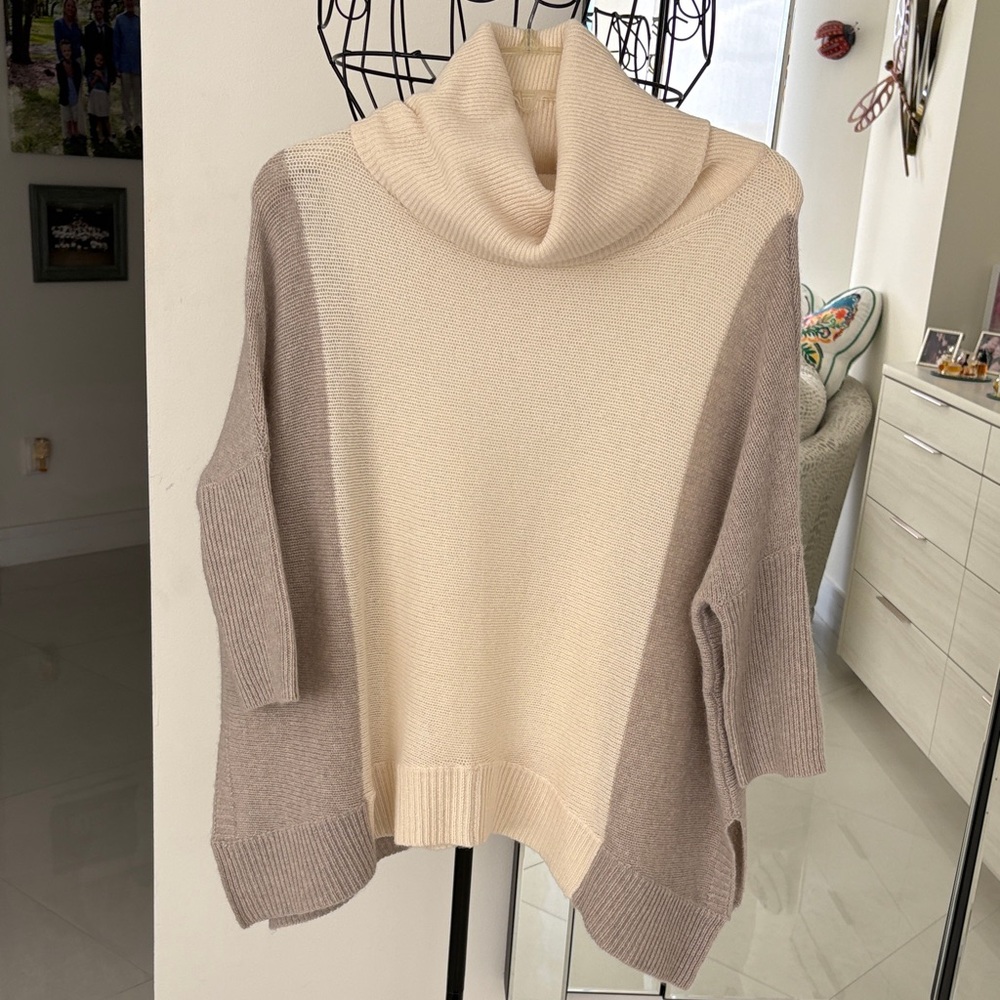 360 Cashmere Cream and Tan Cowl Neck Sweater